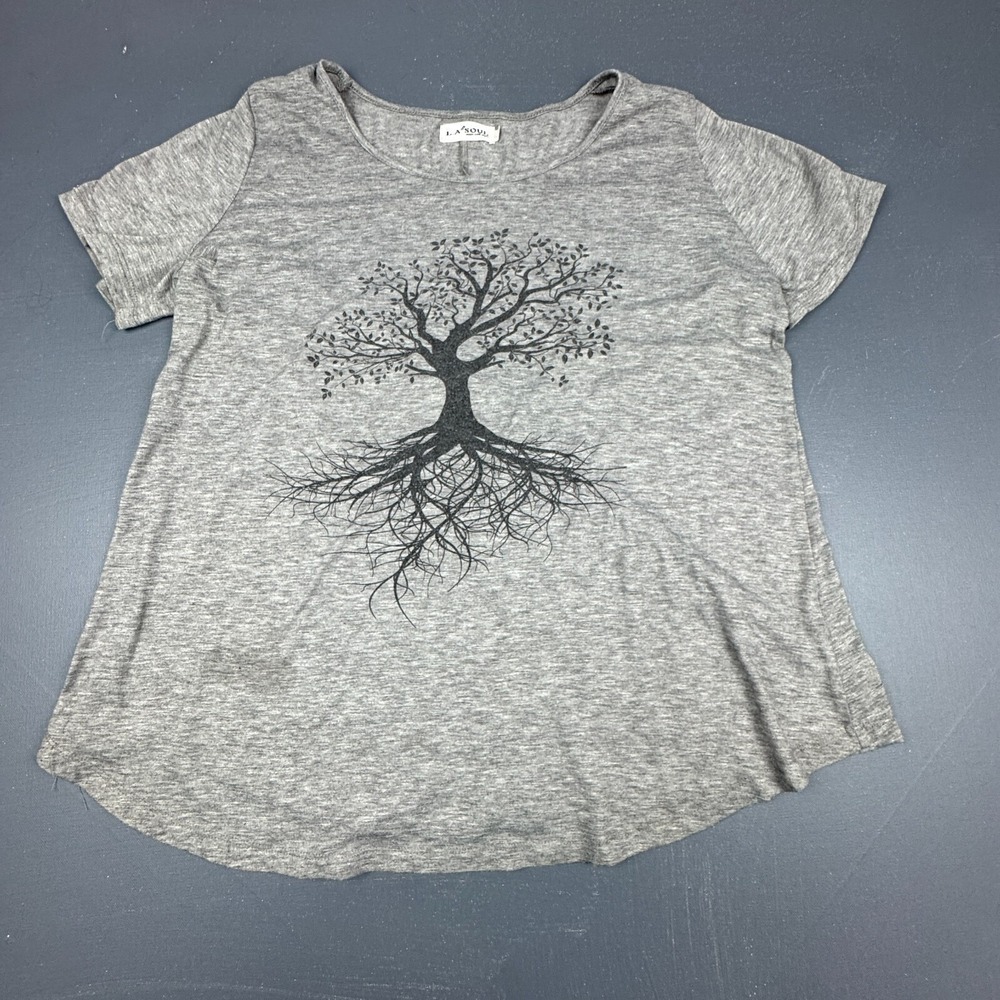 LA Soul Womens Size M Gray Tree Roots Graphic T-Shirt Soft Stretch Boho Casual